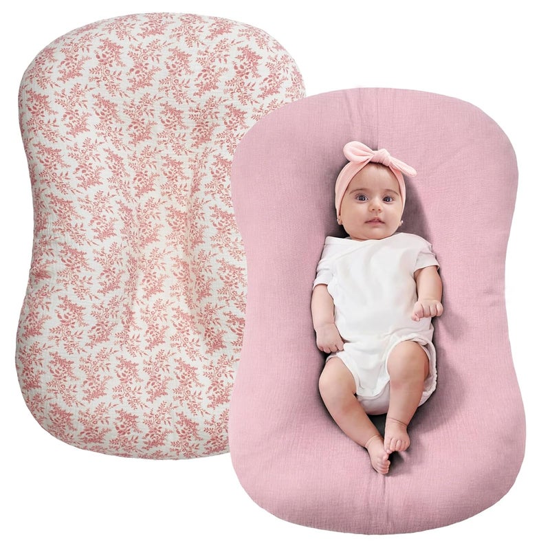 FUNUPUP Muslin Baby Lounger Cover Compatible with Snuggle Me Lounger, Infant Pillow Cover for Newborn, Removable Nest Slipcover for Boys and Girls, Only Cover, Pink & Pink Leaves - Image 1